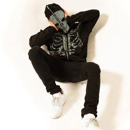 Gothic Long Sleeve Rhinestone Skeleton Hoodie Y2k Jacket Men Hoodies Oversized Full Zip Hoodie Goth Sweatshirt Sport Coat Autumn
