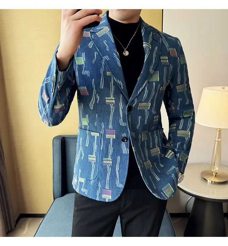 2025 New Luxury Denim Jacquard Suit Coats Men Fashion Slim Fit Suit Casual Business Party Coat Uniform Wedding Social Tailcoat