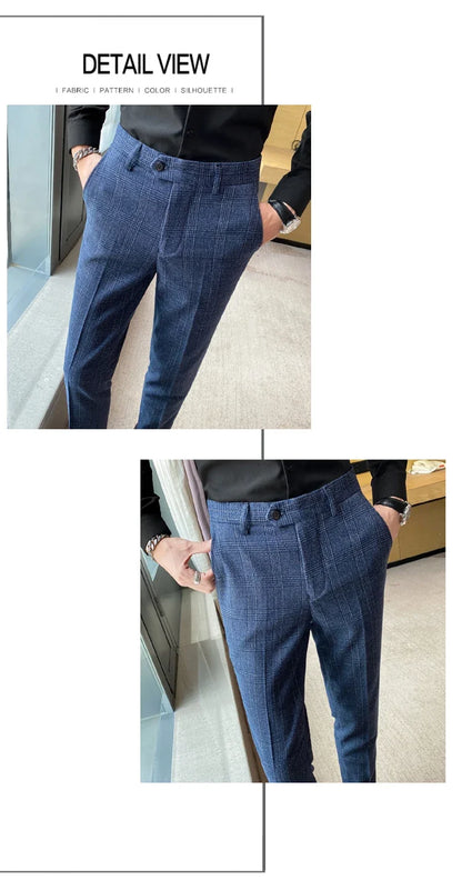 Boutique Classic Plaid and Striped Fashion Men's Casual Business Slim Suit Pants Groom Wedding Dress Trousers Party