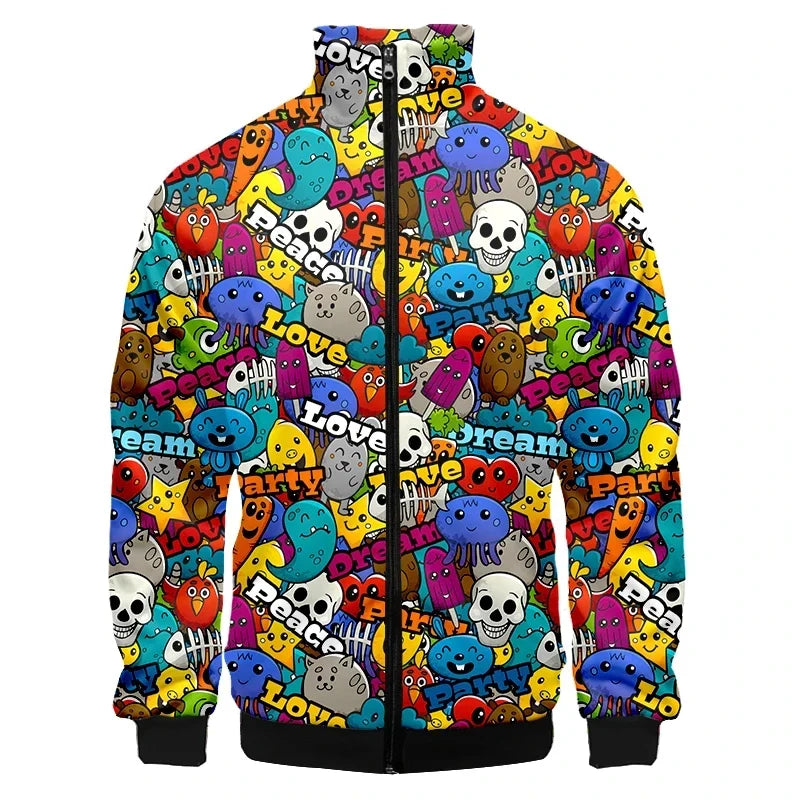 Colorful Monster Graffiti Art Men's Plus Size 3D Jacket Sportswear Spring Stand-up Collar Zipper Sweater Baseball Jacket Men's