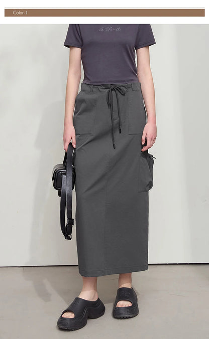 Minimalist Women Clothing Skirt 2025 Autumn New Casual Loose Multi-pocket Drawstring Elastic Waist Long Skirt 12522020