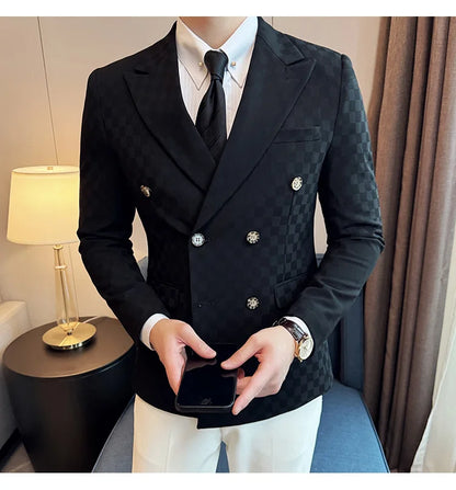 6 Color Luxury Double Breasted Blazers Coats 2024 New Fashion Checkered Business Slim Fit Social   Formal Suit Jacket 5XL-M