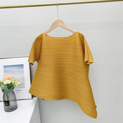 Miyake Irregular Short Sleeve Pleated Top Simple Loose Plus Size with Stretch T-Shirt Vacation Office Clothing Polyester Crepe