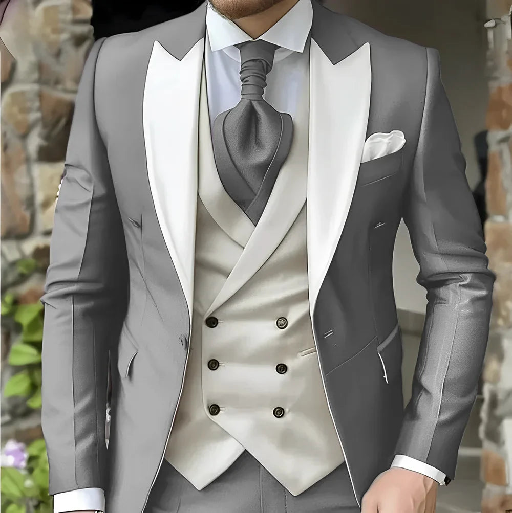 Men's Elegant Peak Lapel Tuxedo 3-Piece Suit with Blazer Vest Formal Men's Suit for Business Prom Business Dinner