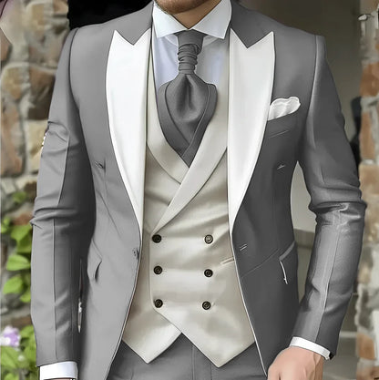 Men's Elegant Peak Lapel Tuxedo 3-Piece Suit with Blazer Vest Formal Men's Suit for Business Prom Business Dinner
