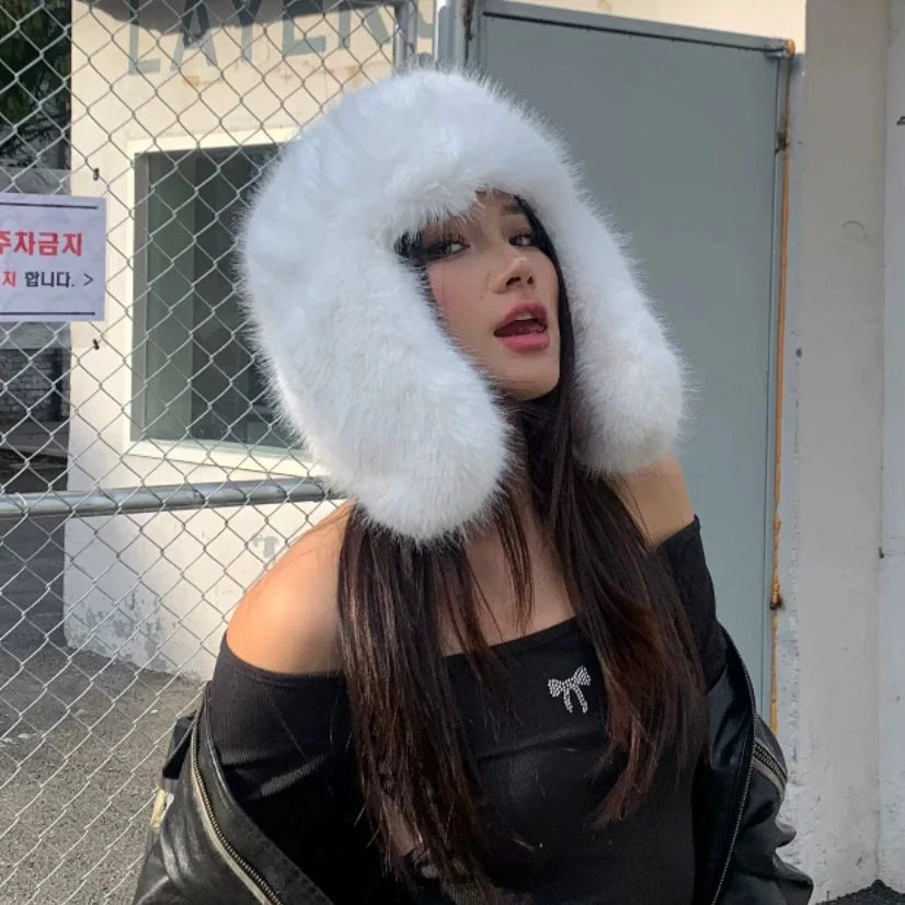Korean Ins Imitation Mink Plush Hat Winter Women Ear Protection Bomber Hats Fashion Warm Fluffy Faux Fur Ski Beanies Y2k Gift
