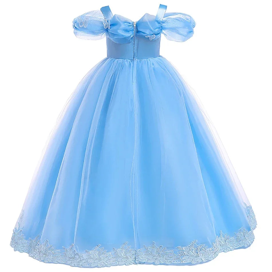 Girls New Year Blue Long Dress for Kids Christmas Birthday Party Dresses Butterfly Cinderella Cosplay Costumes Chidren Outfits