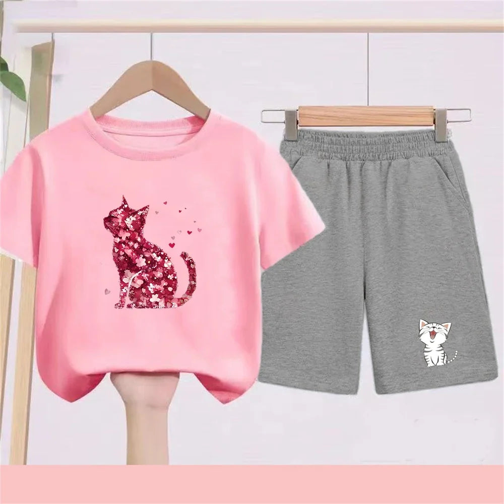 Summer Age 3-12 Girls boy cool breathable Tshirt Children T-shirt+bottom wear Set black 2pcs leisure Kids Set cat Print
