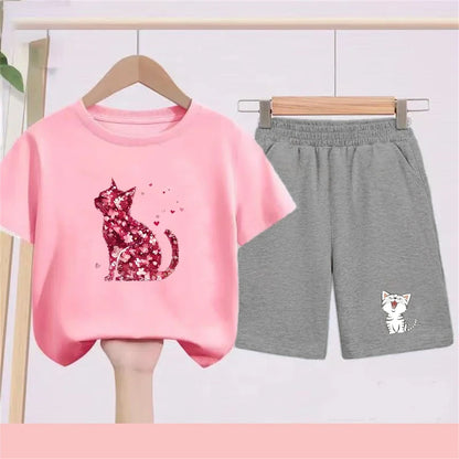 Summer Age 3-12 Girls boy cool breathable Tshirt Children T-shirt+bottom wear Set black 2pcs leisure Kids Set cat Print
