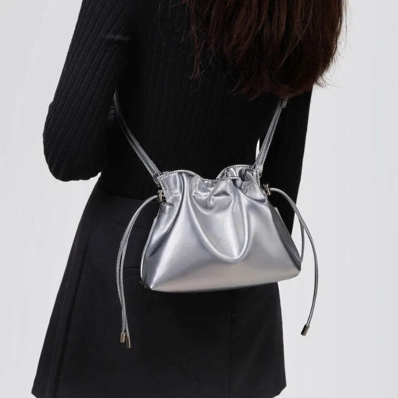 Luxury Pleated Cloud Crossbody Bag - Premium Genuine Leather Drawstring Shoulder Purse, Versatile Small Bag for Elegant Lady
