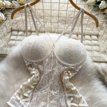 Sexy Lace Push Up Bodysuit See Through Mesh Patchwork Sleeveless Slim Thin One Pieces Elegant Women's Strappy Lingerie
