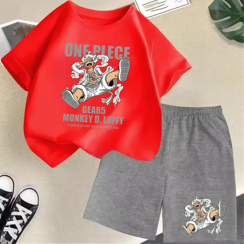 Summer New Cotton Kids T-Shirt Set Luffy Gear 5 One Piece Children Shorts Sport Casual School Outdoor Boys Tracksuit