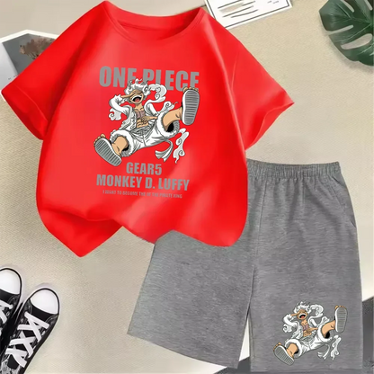 Summer New Cotton Kids T-Shirt Set Luffy Gear 5 One Piece Children Shorts Sport Casual School Outdoor Boys Tracksuit
