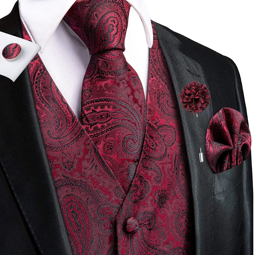 Luxury Gold Black Mens Vests Print Jacquard Waistcoat Tie Hanky Cufflinks Brooch Set for Men Wedding Formal Business Hi-Tie