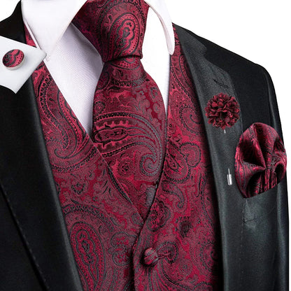 Luxury Gold Black Mens Vests Print Jacquard Waistcoat Tie Hanky Cufflinks Brooch Set for Men Wedding Formal Business Hi-Tie