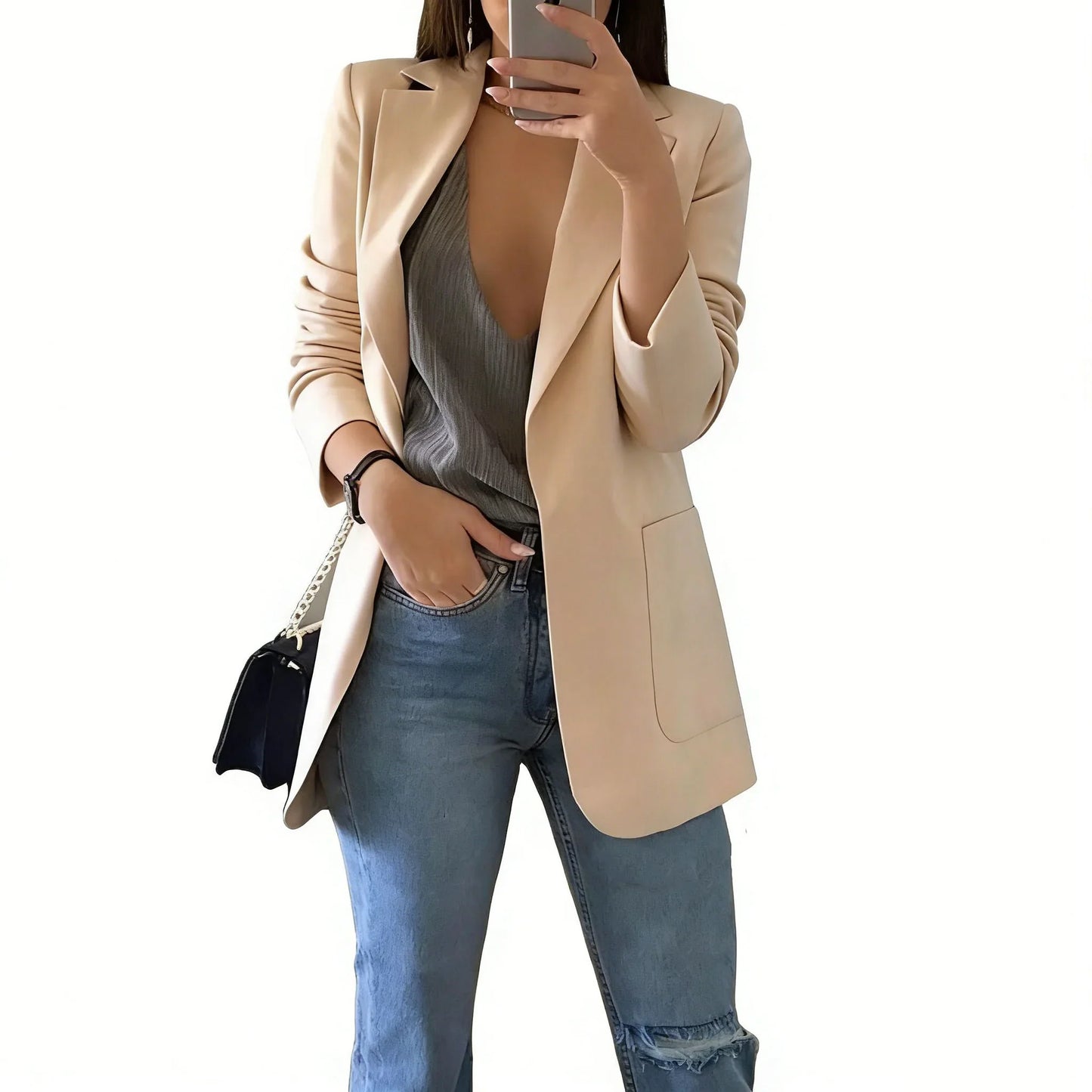 2026 Elegant jacket Women's Suit Single office Casual British Professional Women's Buttonless suit collar pocket simple coat top