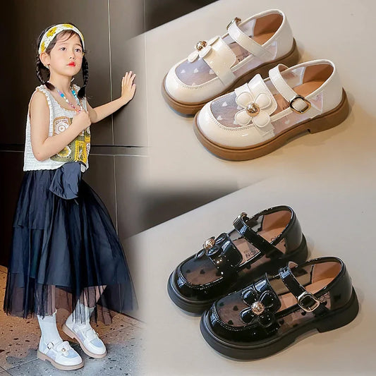 Toddler Girls Elegant Glossy Mesh Mary Jane Flats Flower Buckle Strap Heart Pattern Chunky Sole Comfortable Party School Shoes