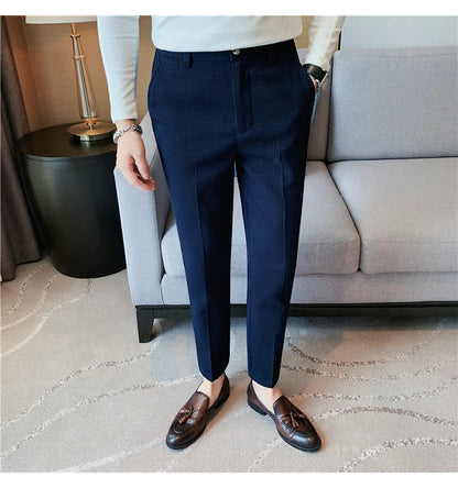 2024 Autumn New Waffle Stretch Waist Business Formal Pants Men Fashion Wedding Slim Trouser Mens Brand Social Party Suit Pants