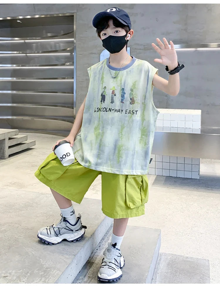 New Summer Kids Clothing Set Sleeveless T-shirt Suit with Shorts for Boy Luxurious Cotton Tracksuit 5 6 7 8 9 10 11 12 13 14 T