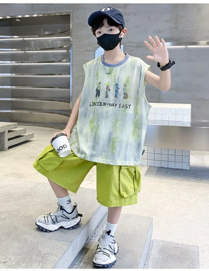 New Summer Kids Clothing Set Sleeveless T-shirt Suit with Shorts for Boy Luxurious Cotton Tracksuit 5 6 7 8 9 10 11 12 13 14 T