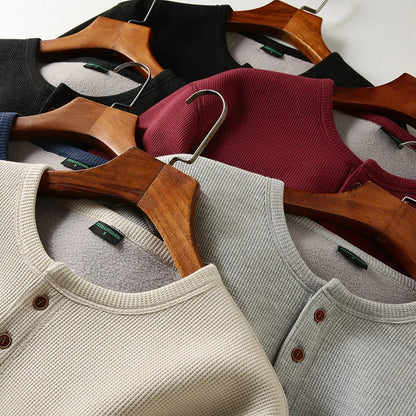 Men's Fleece - Lined Thickened Long - Sleeved Henley Neck Waffle Knit T - Shirt