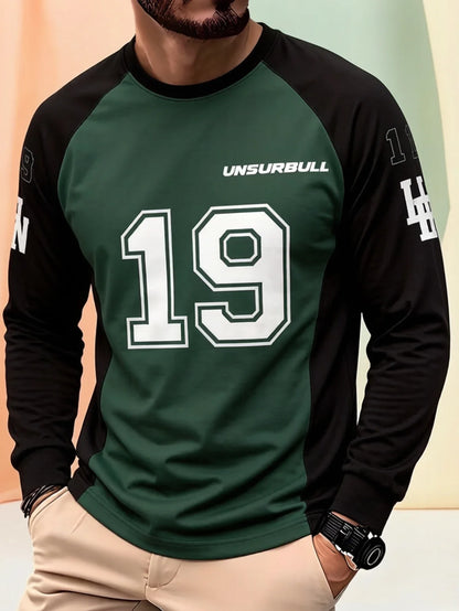 Loose men's dark green and black casual breathable quick-drying digital printed jersey long-sleeved T-shirt for daily use