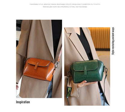Oil Wax Cowhide Leather Cross Body Small Bag for Women Fashionable and Versatile Shoulder Shell Hand Bag Ladies Casual Phone Bag