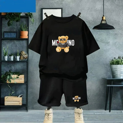 Fashion Letter Bear Print Children Summer Clothing Tshirt+Shorts Black Boy Girl Red Toddler 3-12Yrs Leisure Short-Sleeved Set