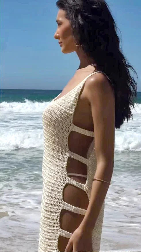 Sexy U Neck Sleeveless Knit Horizontal Stripes Side Cut Out Beach Vacation Dress 2026 Summer Beachwear Women's Mini Dresses K90