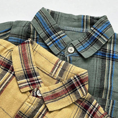 Baby boy clothes suits handsome plaid kids boys long-sleeved lapel shirt + denim trousers 2-piece set