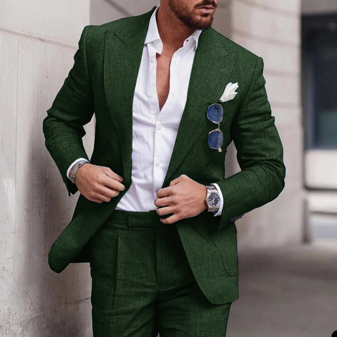 Men's 2 Piece Linen Suit Slim Fit Notch Lapel Casual Blazer Jacket & Trousers Business Wedding Party Formal Dress Set for Men