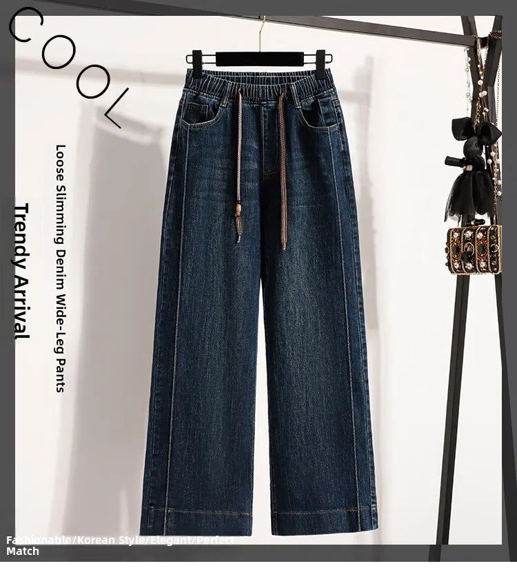 Slimming Wide Leg Jeans Women's Casual Straight Cut Spring Autumn ular plus Size Cotton Stretch Denim Pure Color