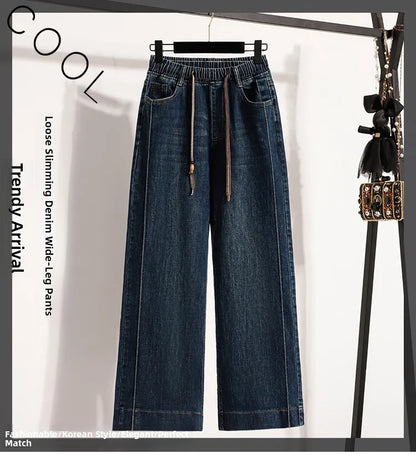 Slimming Wide Leg Jeans Women's Casual Straight Cut Spring Autumn ular plus Size Cotton Stretch Denim Pure Color