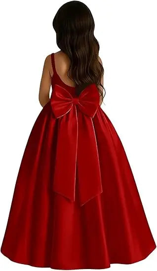 Long Ivory Satin Flower Girl Dresses for Wedding Bow Party Birthday Princess Dress Junior Bridesmaid First Holy Communion Gowns