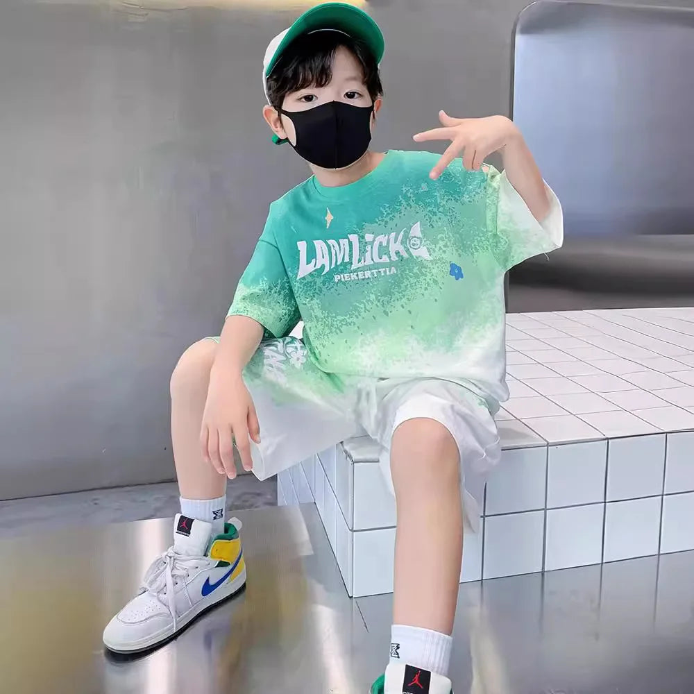 Summer Boys Tie Dye Gradient Alphabet T-Shirt Tops+Shorts Pant Workout Sets School Kids 2PCS Tracksuit Children Outfits 5-16 Yr