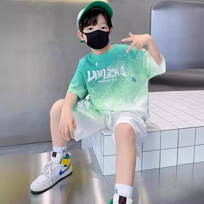 Summer Boys Tie Dye Gradient Alphabet T-Shirt Tops+Shorts Pant Workout Sets School Kids 2PCS Tracksuit Children Outfits 5-16 Yr