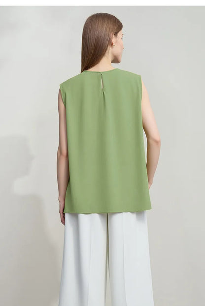 Sleeveless Women's Blouse 2026 Summer O-Neck Asymmetric Chiffon Top For Women Elegant Pleated Office Flowy Shirt 12642060
