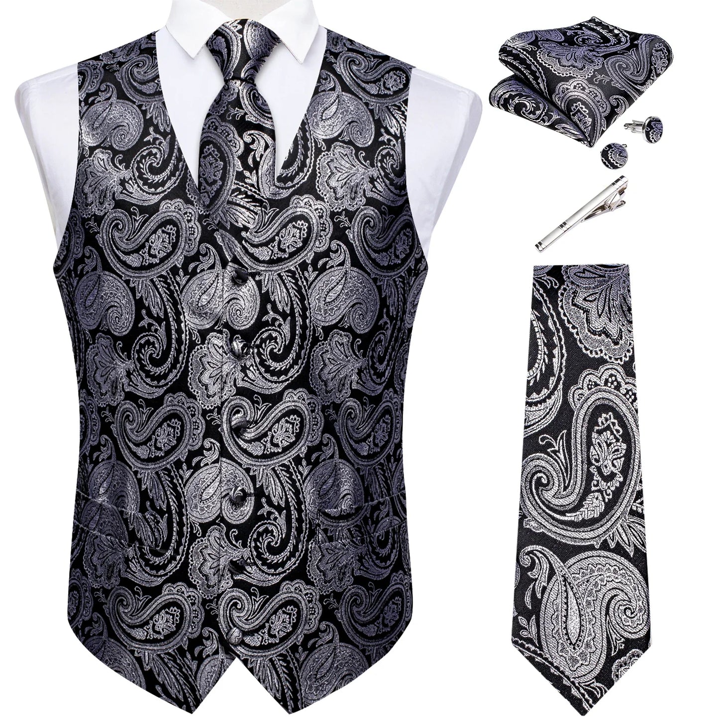 Suit Vest for Men Black Solid Paisley Wedding Prom Groom Jacquard Waistcoat with Necktie for Tuxedo Men Clothing