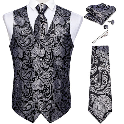 Suit Vest for Men Black Solid Paisley Wedding Prom Groom Jacquard Waistcoat with Necktie for Tuxedo Men Clothing