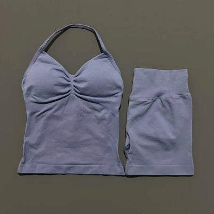 No Logo 2 Pies Sports Set Women Backless Tank Yoga Tops High Waist Scrunch Seamless Shorts Sport Gym Set Sportswear Workout Set