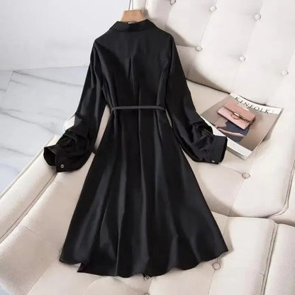 Print Vintage A-Line With Belt Loose Polo Neck Women's Dress Single-Breasted Knee Length Dresses For Women Clothing 2024 Fashion