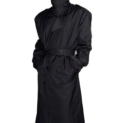 Spring Autumn Cool Long Black Oversized Trench Coat Men Belt Double Breasted Loose Casual Windproof Outerwear 2022