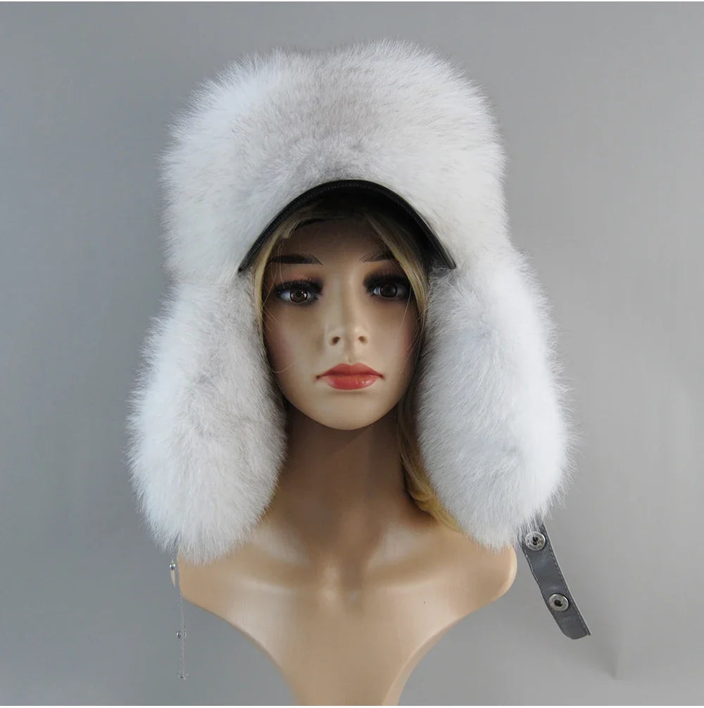 100% Real Fox Fur Hat Women's Russian Ushanka Aviator Trapper Snow Skiing Hat Caps Earflap Winter Raccoon Fur Bomber Hat