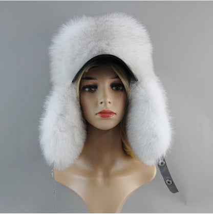 100% Real Fox Fur Hat Women's Russian Ushanka Aviator Trapper Snow Skiing Hat Caps Earflap Winter Raccoon Fur Bomber Hat