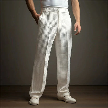 New 2026 Men's Elegant Waffle Suit Pants Solid Loose Straight Trousers Business Social Dress Pants Casual Vacation Pants for Men