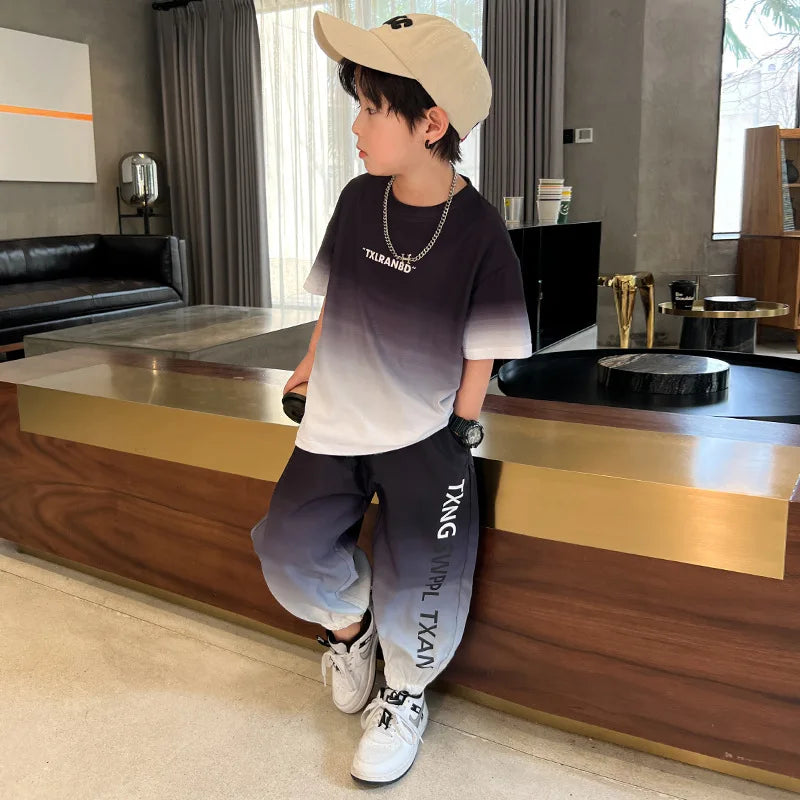 Summer Boys Gradient Contrast Alphabet t-Shirt Tops+Pant Workout Sets School Kids 2PCS Tracksuit Children Jogger Outfits 5-16 Yr
