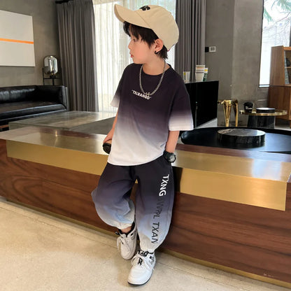 Summer Boys Gradient Contrast Alphabet t-Shirt Tops+Pant Workout Sets School Kids 2PCS Tracksuit Children Jogger Outfits 5-16 Yr