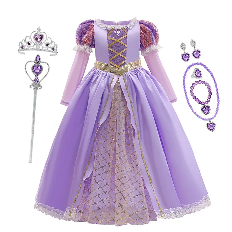 Girls Disney Rapunzel Dress Kids Tangled Disguise Carnival Girl Princess Costume Birthday Party Gown Outfit Clothes 2-10 Years