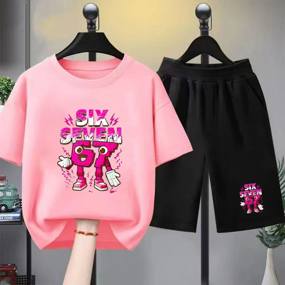 67 Children T-shirt 3-12Yrs Summer Six Seven Print Short-sleeved Cute Funny Fashion Boys Girls Toddler Top+Shorts 2PCasual Set