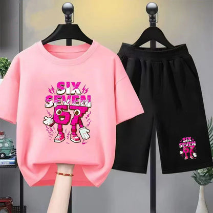 67 Children T-shirt 3-12Yrs Summer Six Seven Print Short-sleeved Cute Funny Fashion Boys Girls Toddler Top+Shorts 2PCasual Set